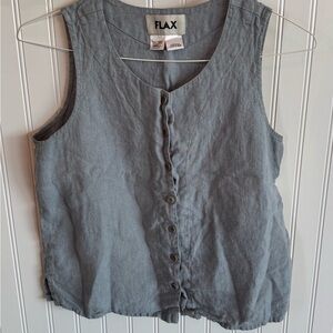 FLAX Women's Sleeveless Blue Gray 100% LINEN Button Down Blouse